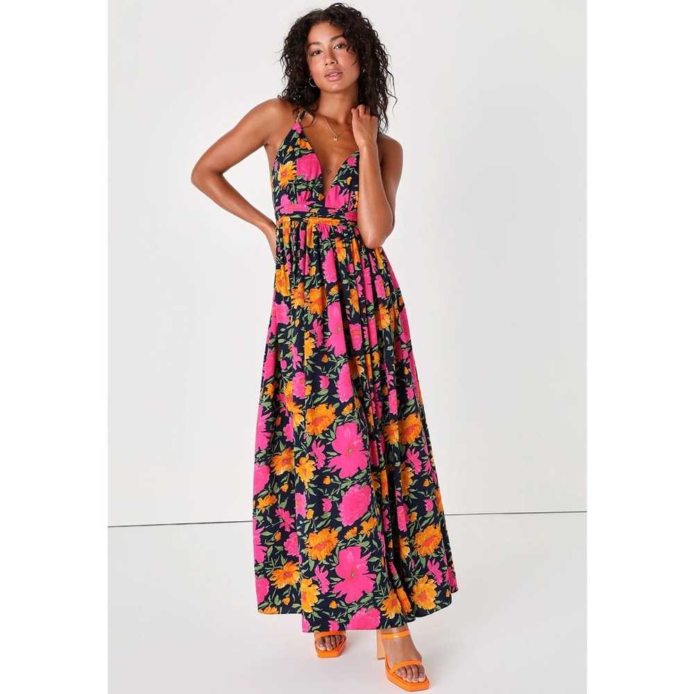 Lulu’s Vivacious Love Navy Floral Print Sleeveless Strappy Maxi Dress M
